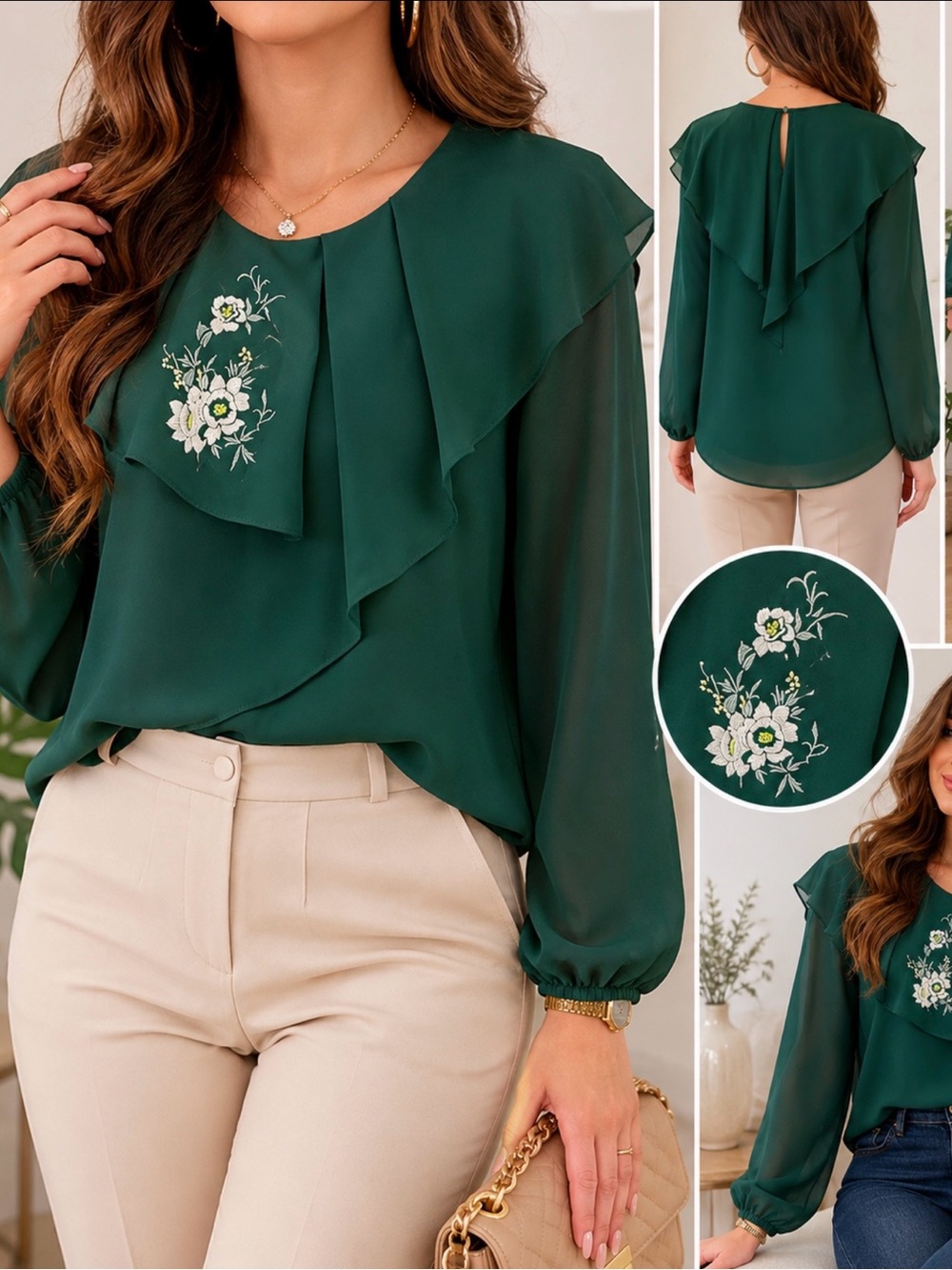 Zara Basic Emerald Green Embroidered Ruffle Blouse Long Sleeve